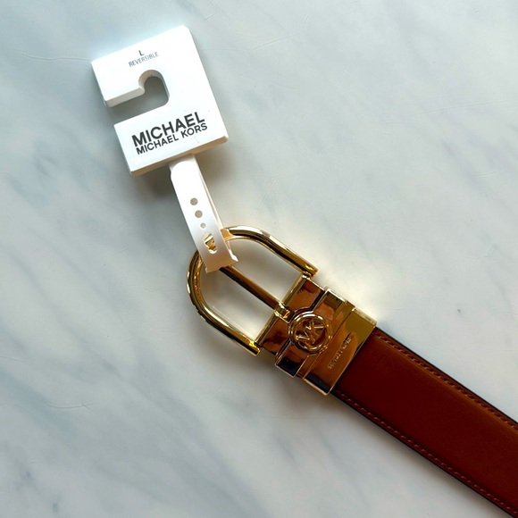 NWT MICHAEL Michael Kors Twist Reversible Belt Brown W/Gold Logo Buckle Large